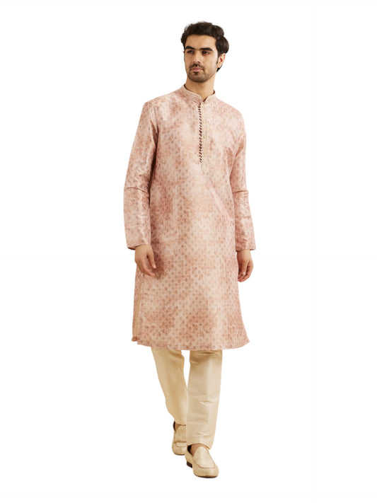 Manyavar Men's Art Silk Printed Kurta Pyjama Set (Peach,L)