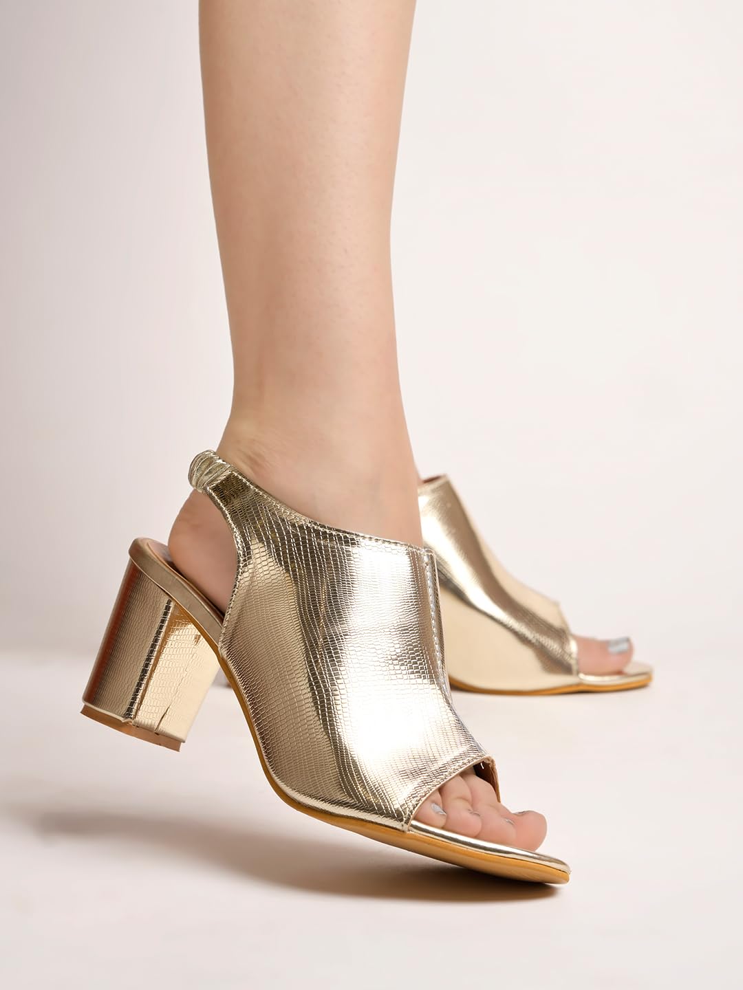 Shoetopia Western Embellished Golden Block Heeled Sandals For Women & Girls /UK7