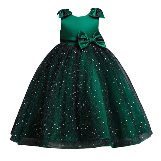 Hopscotch Girls Polyester Bow Applique Party Dress in Green Color For Ages 10-11 Years (XIP-4124428)