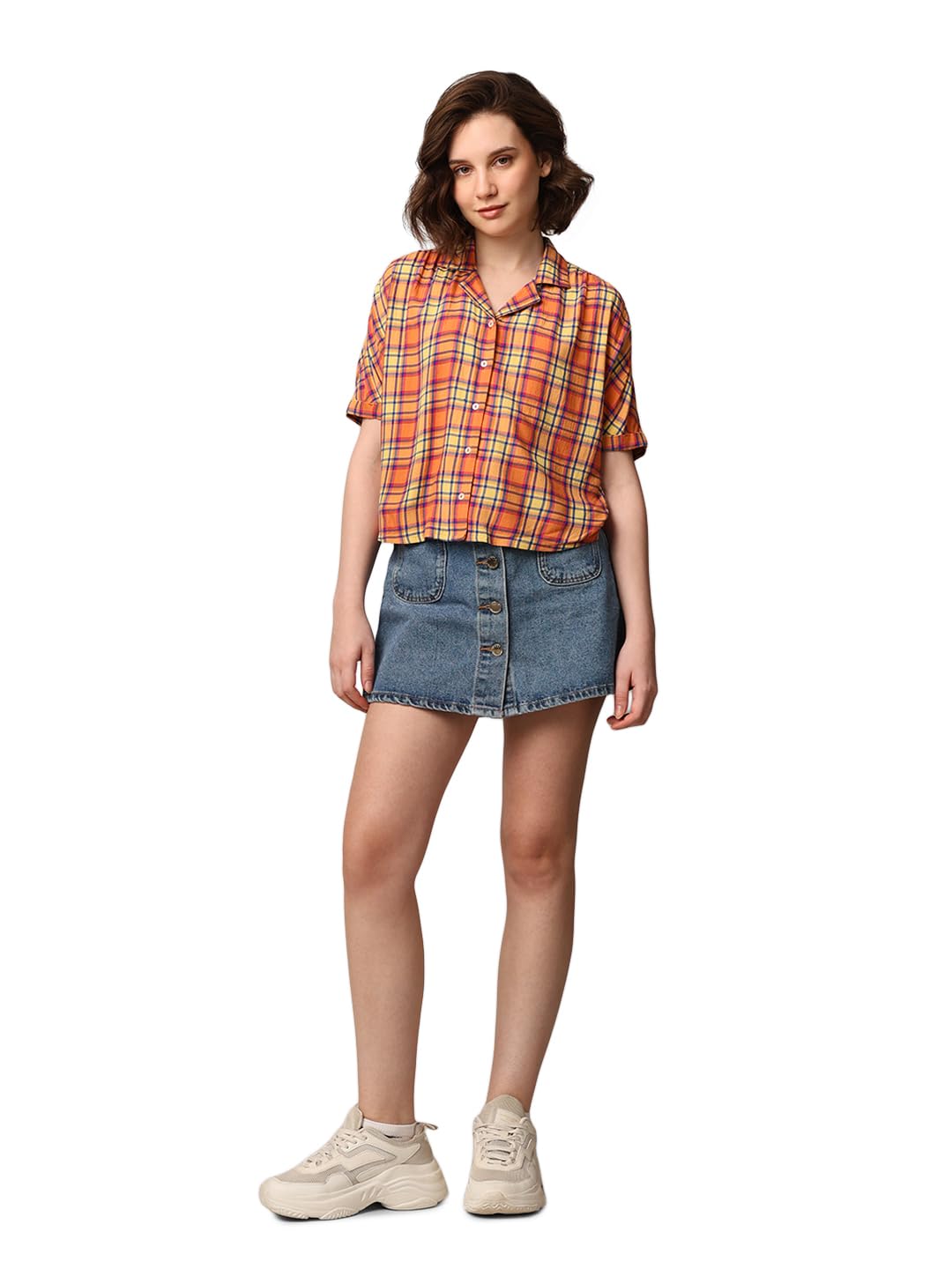 ONLY Women's Checkered Regular Fit Shirt (9008124- Lemonade