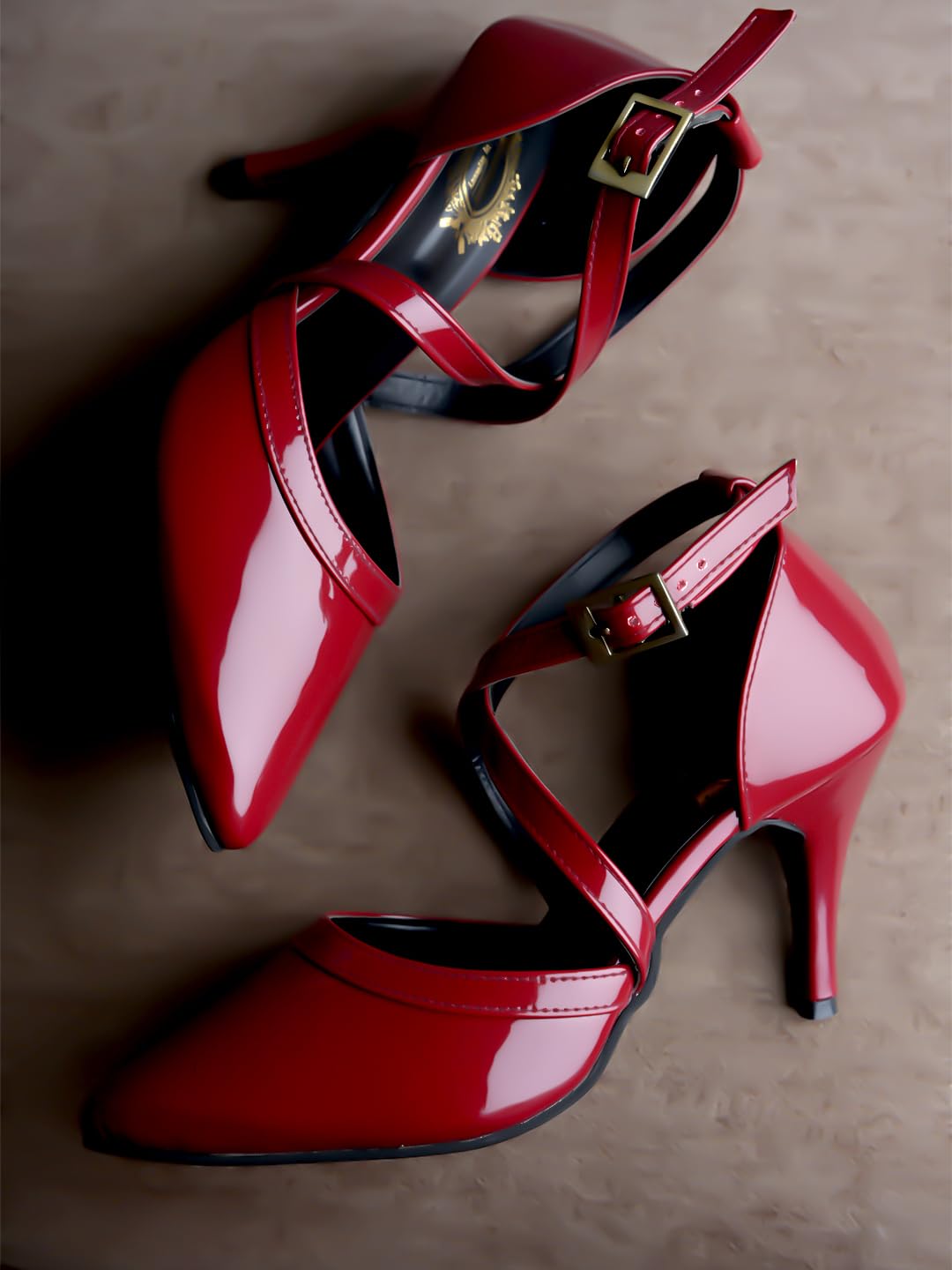 Shoetopia Women's Cherry Leather Heels Cross Strap Closed Toe Pumps with Buckle || Stylish High Heel Perfect for Office, Weddings, Cocktail Parties & Formal Events EU39