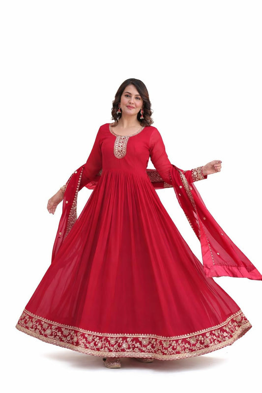 Mehervaa by vinni Red Anarkali Suit Set with Embroidered Dupatta, Long Sleeve Gown Style, Golden Zari Work, Traditional Indian Ethnic Wear (IN, Alpha, 2XL, Regular)
