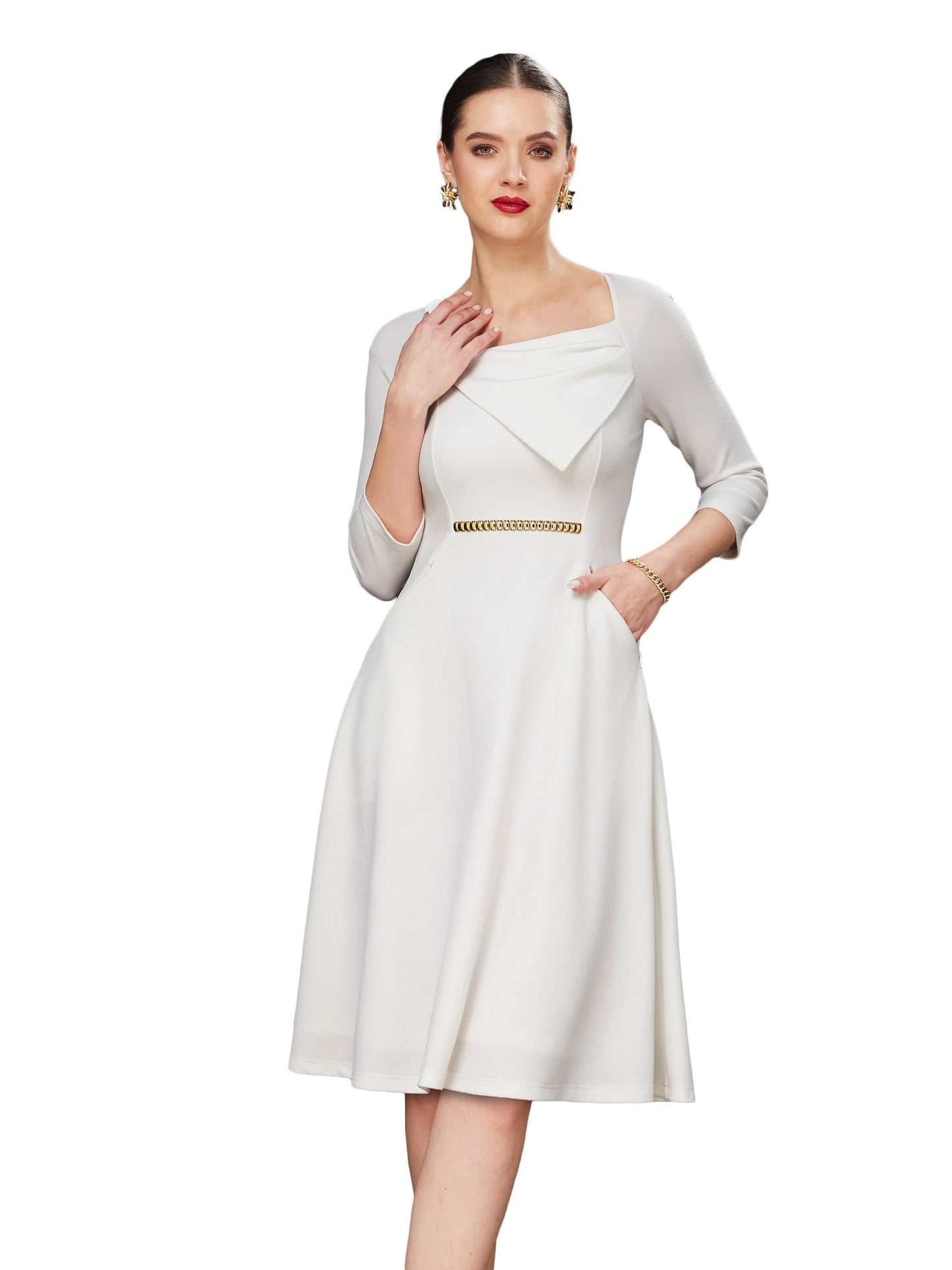 Miss Chase Women's Solid Square Neck Raglan Sleeves Side Pocketed Polyester Fit and Flare Knee Length Dress (MCSS23D16-42-114-02, Off White, XS)