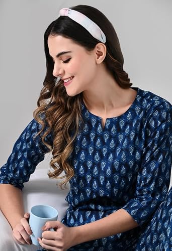 Ichaa Women Cotton Printed Night Wear Top and Payjama Night Suit Set, Blue, Large