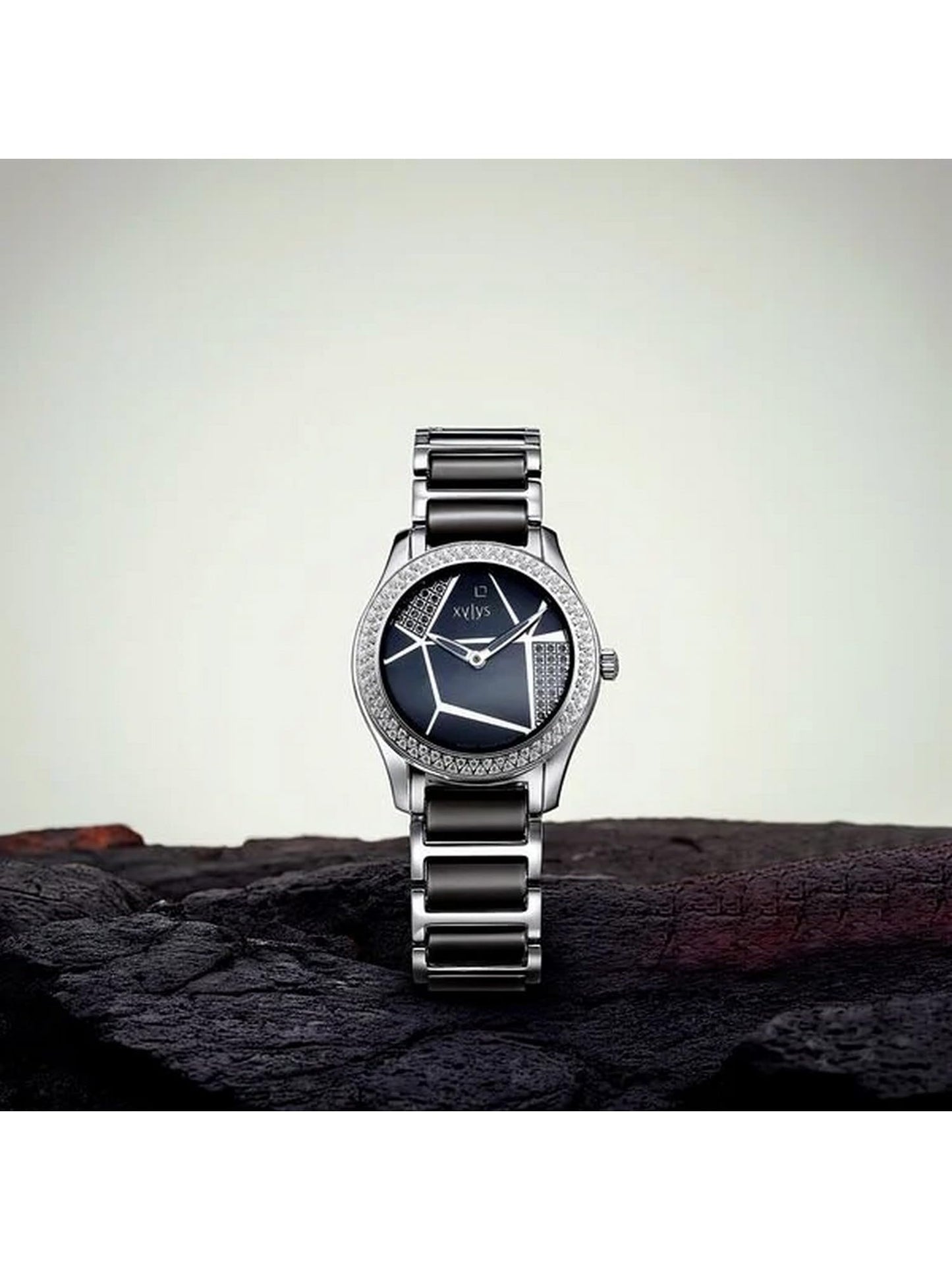 Xylys Shimmer Swiss Analog Blue Dial Two Toned Silver Steel & Black Ceramic Strap Watch for Women - 9766SD02E