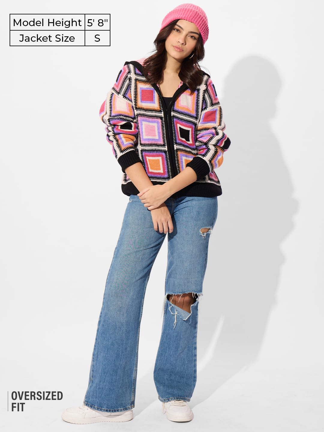 The Souled Store Originals : Prismatic Oversized Front Zip Knitted Sweaters for Womens and Girls