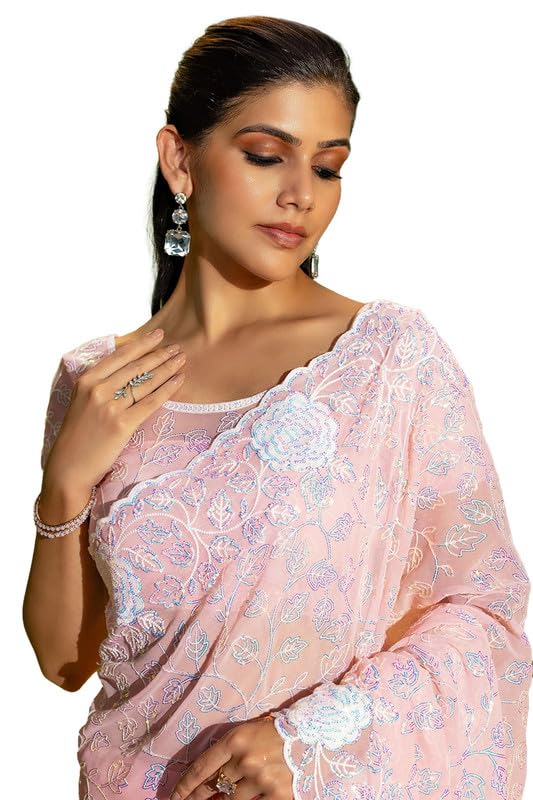 Soch Womens Pink Georgette Saree With Sequins Work