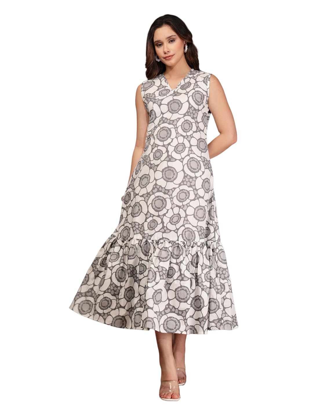 Daevish Tog New Cotton Floral Printed Flared Maxi Dress for Women | Women Maxi Dress Grey