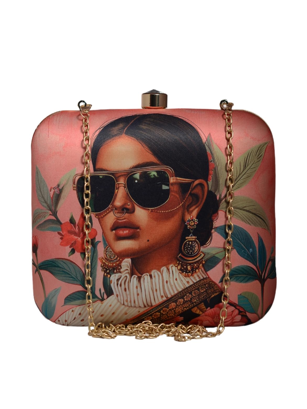 Artklim Pink & Green Mordern Indian Girl Printed Artistic Sling Bag for Women - Box Clutch with Golden Detachable Strap - Chic Fashion Handbag