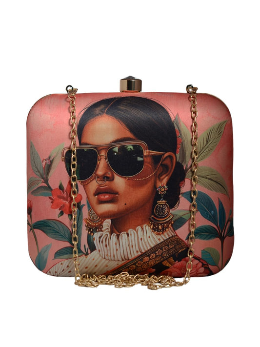 Artklim Pink & Green Mordern Indian Girl Printed Artistic Sling Bag for Women - Box Clutch with Golden Detachable Strap - Chic Fashion Handbag