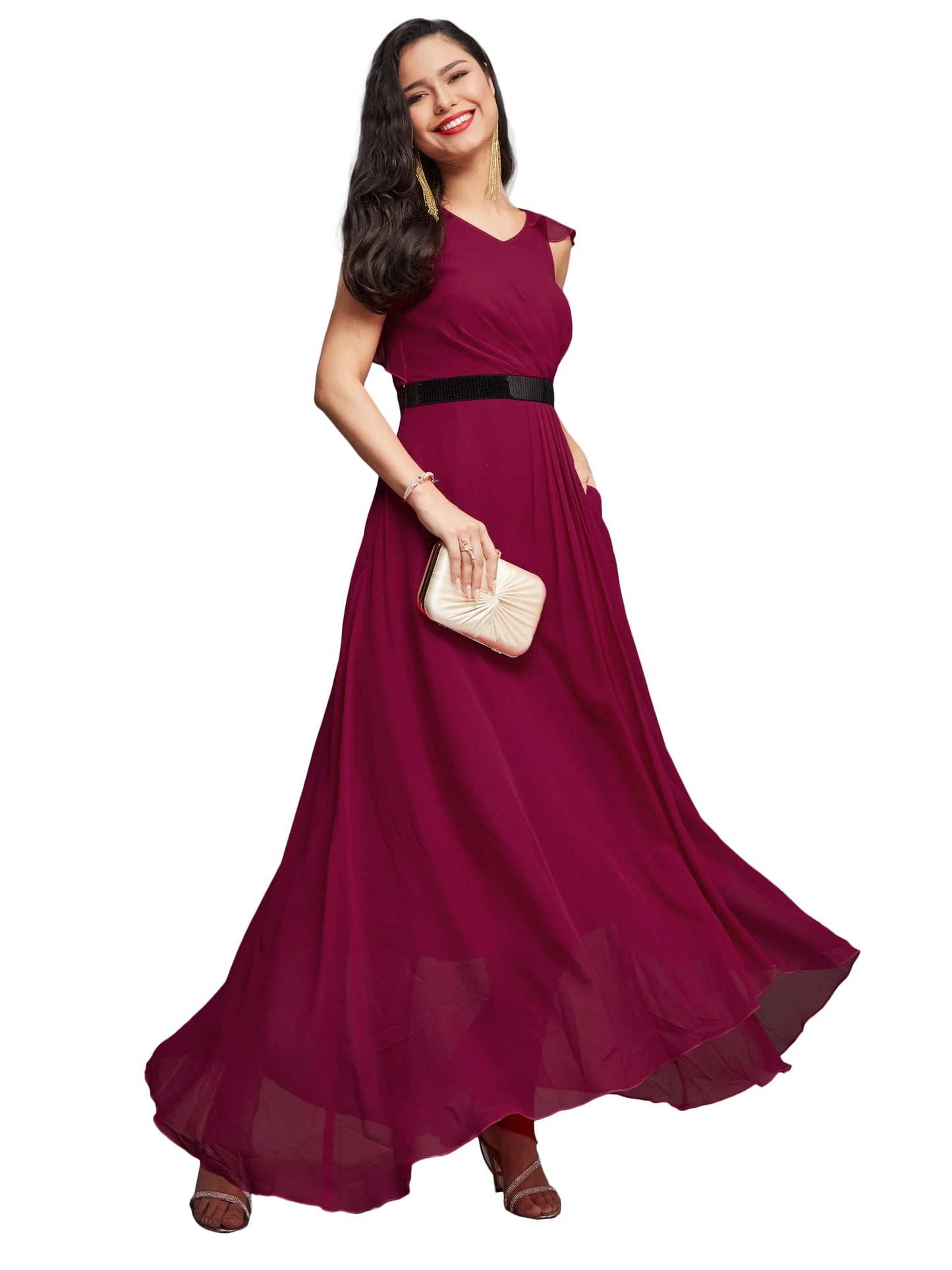 Miss Chase Women's V-Neck Ruffled Sleeve Solid Embellished Maxi Dress with Pockets (MCAW21D06-17-23-06, Dark Pink, XL)