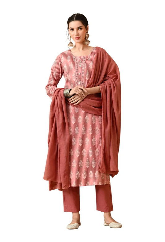KEOSA Women Floral Printed Regular Pure Cotton Kurta with Trousers & with Dupatta Pink