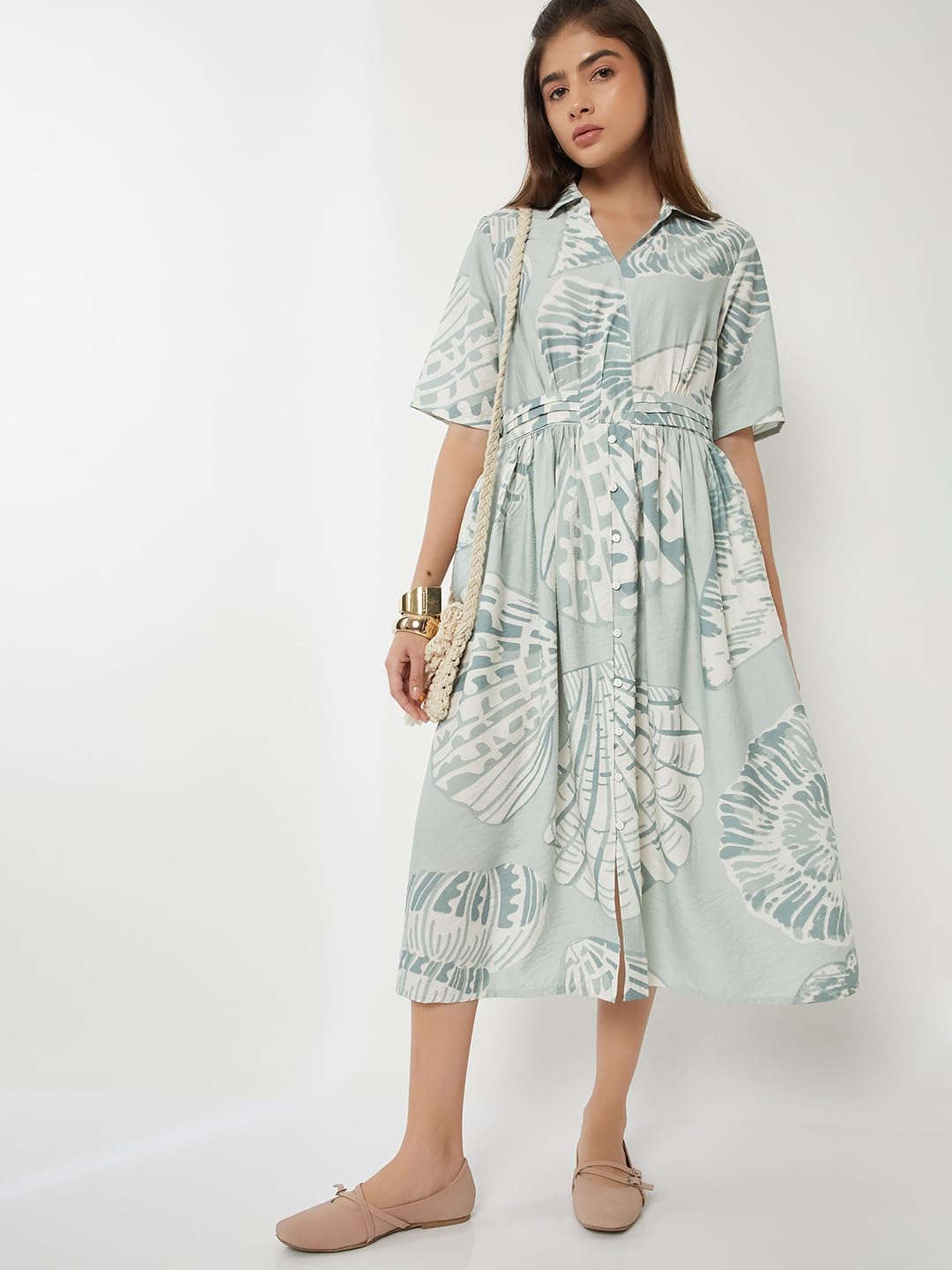 Max Women Printed A-Line Dress(Green_L)
