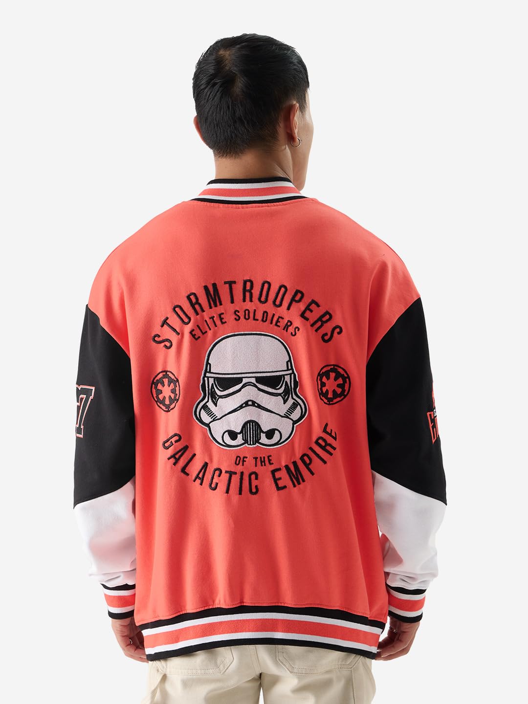 The Souled Store Official Star Wars: Stormtroopers Long Sleeve Button Front Orange and Black Graphic Print Oversized Fit Varsity Jackets