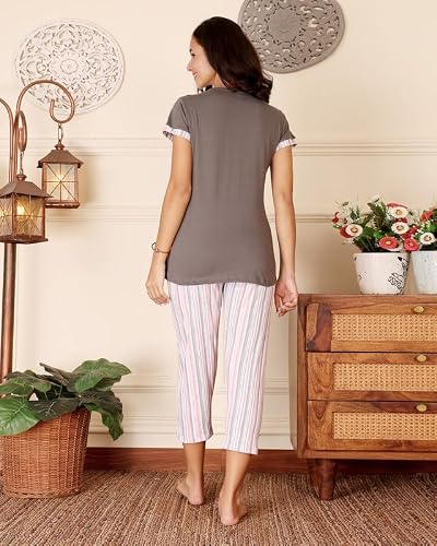BODYCARE Women's Cotton Printed T-Shirt and Capri Set | Soft & Breathable Nightwear | Short Sleeves | Loungewear Co-Ord Set| BSCS16031_100 Multicolour
