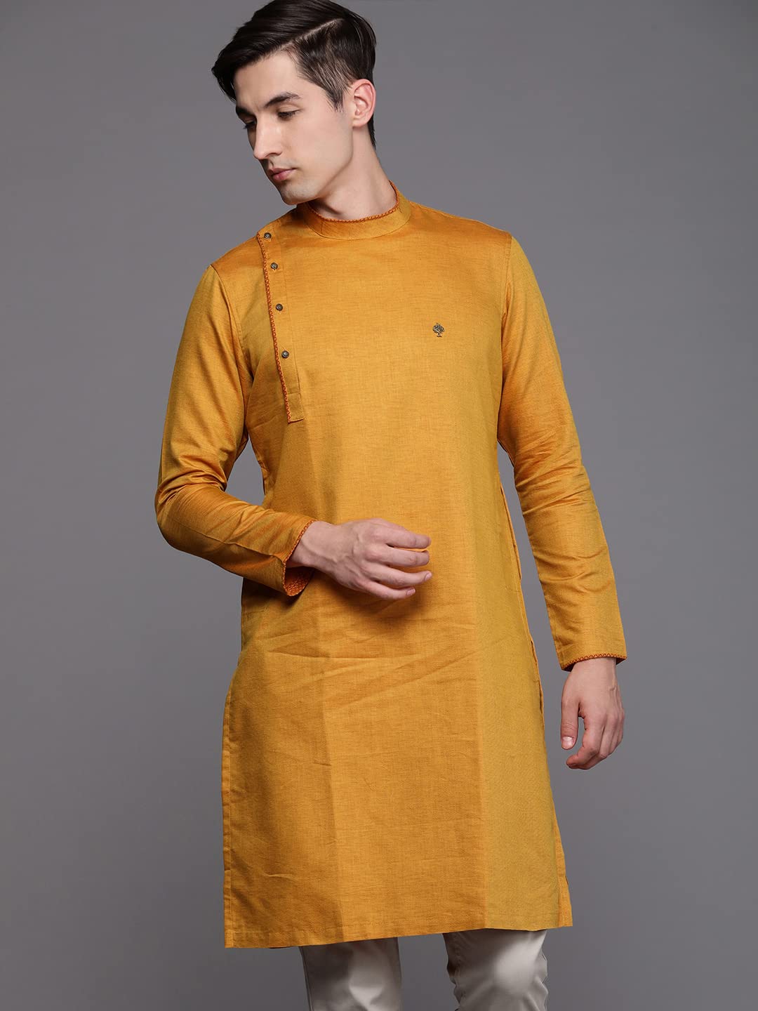 Manyavar Men's Kurta, Full Sleeves Mandarin Collar Ethnic Knee Length Kurta Only, Kurta for Festival, Wedding, Party & Anniversary, Blended Cotton (Mustard, L)