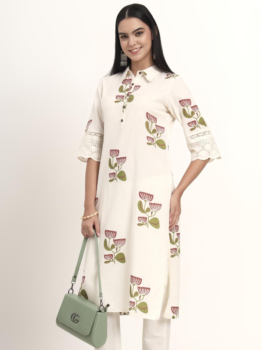 Divena Off White Floral Cotton A-Line Kurta (DBK1454)