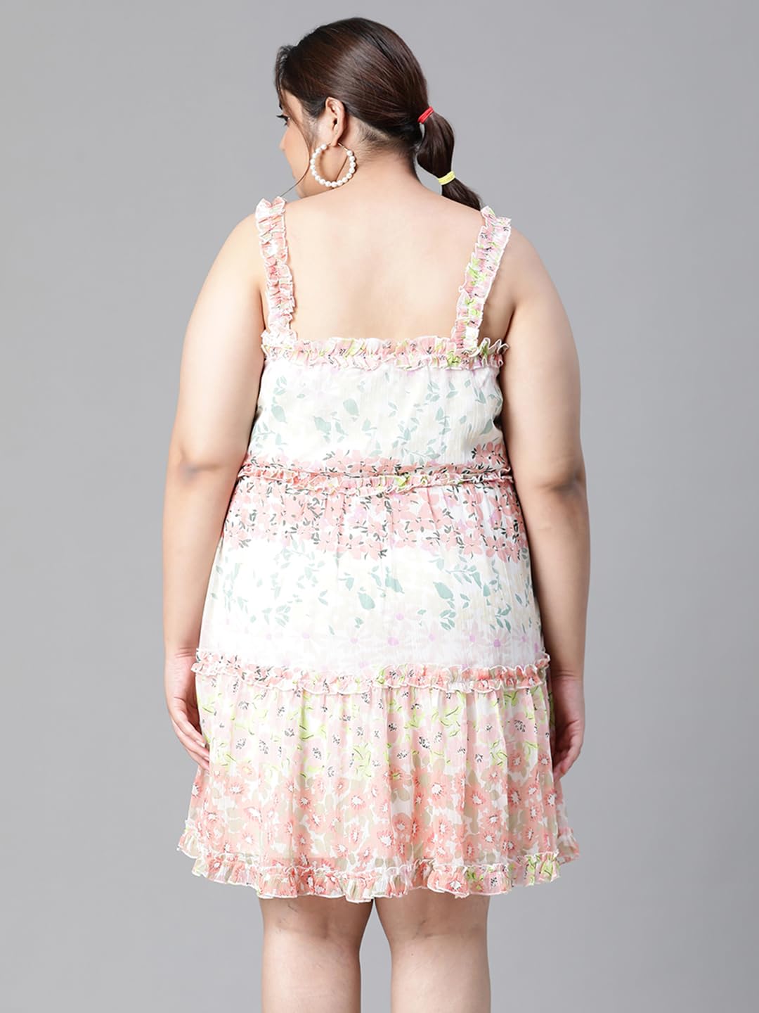 oxolloxo Women Plus Size Multicolor Floral Print Round Neck Sleeveless Knee-Length Dress