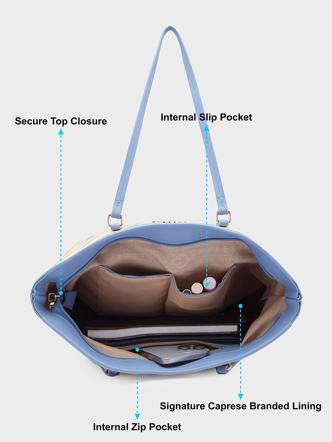 Caprese Renee Tote Large Yellow Bag for Women|Shoulder & Handheld Bag with Spacious Design, Multi-Compartment, Durable, Comfortable Straps for Work, Travel, Shopping & Daily Use