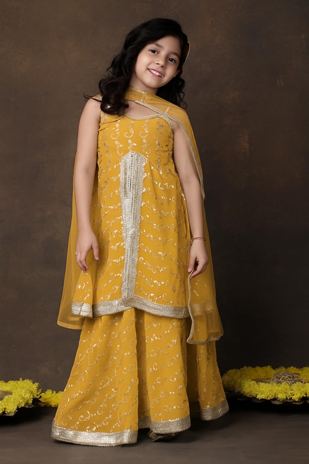 superminis Girls Georgette Sequins Embroidery Sleeveless Lehenga Choli with Net Dupatta Ethnic Wear Set (8-10 Years, Mustard)