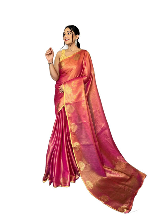 SWORNOF Gold-Toned Woven Design Silk Zari Tissue Saree | Saree for Women | Soft and Skin Friendly (RANI)