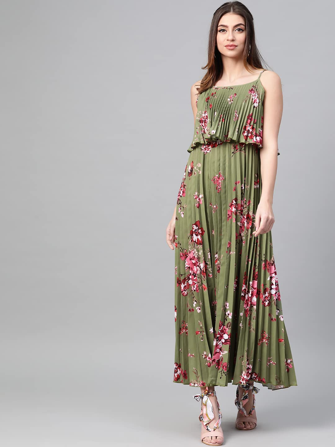 SASSAFRAS Olive Floral Strappy Pleated Maxi Dress