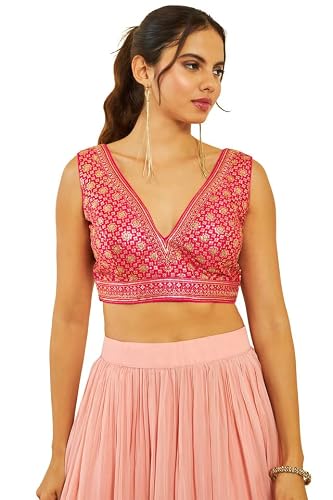Soch Womens Fuchsia Tussar Sequin Embellished V-Neck Back-Open Sleeveless Blouse