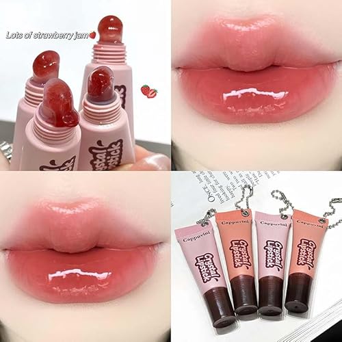 Cappuvini Crystal Lip Glaze | Transparent Jelly Texture | Long Stay with Lip Care Benefits | Adorable Keychain Packaging | Long-Lasting Lip Glaze with Glossy Finish | Light Pink & Purple Shades for Women | Korean Style Makeup for Girls & Teens (01# Strawb