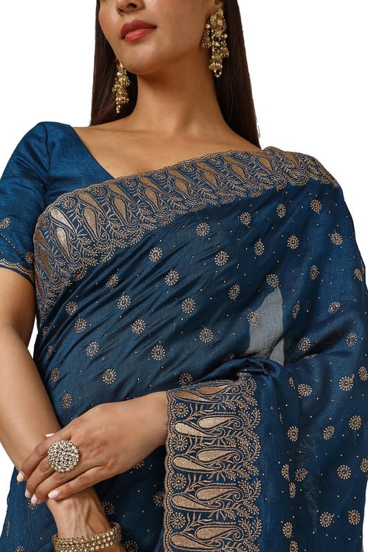 Soch Womens Teal Tussar Embroidered Saree With Stone Work