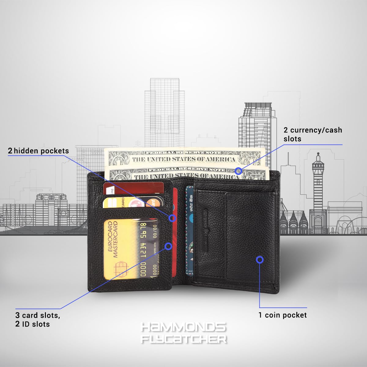 HAMMONDS FLYCATCHER Genuine Leather Wallet for Men - RFID Protected Leather Purse for Men, Money Purse for Men, Bi-Fold Wallet - 3 Card Slots, 2 ID Slots, Coin Pocket, Hidden Pockets - Black