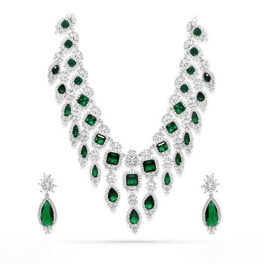 Rubans Womens Rhodium-Plated Stone Studded Necklace Earrings