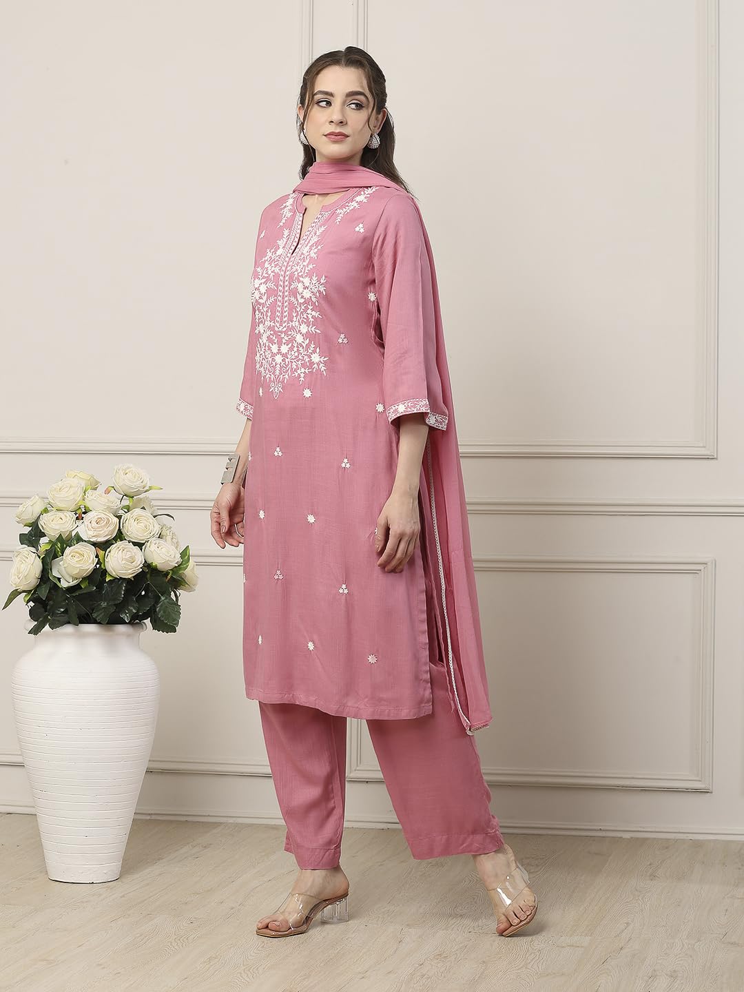 Biba Women Pink Viscose Rayon Straight Suit Set_34