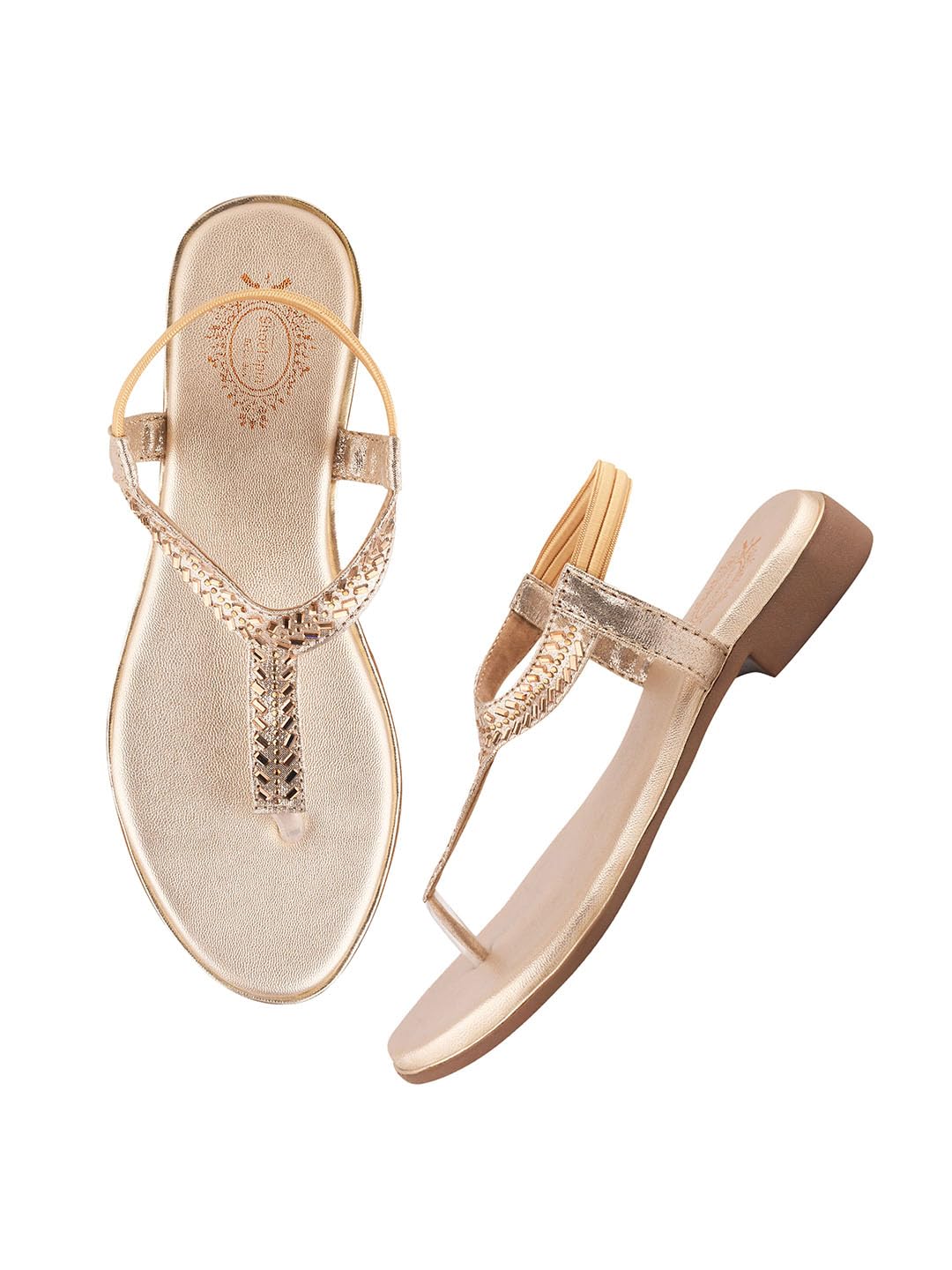 Shoetopia Women's Golden Flat Sandals | Stylish T-Strap Slip-On Flats with Braided Detailing for Casual & Party EU37