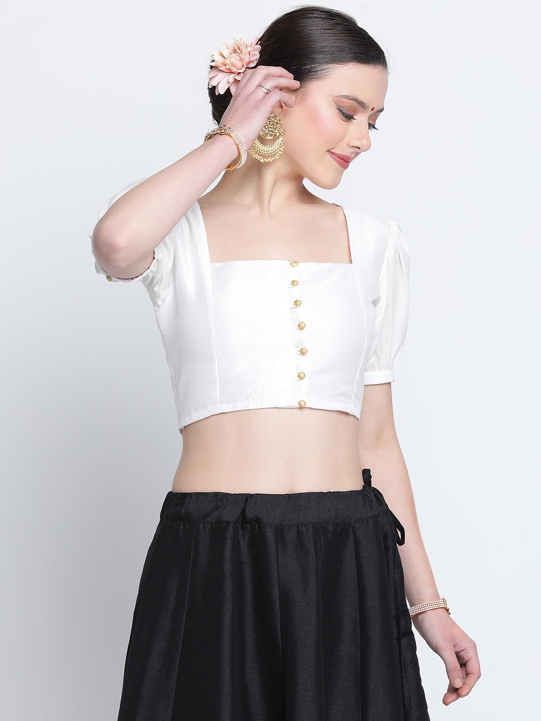 studio rasa Women's Silk Blend Button Down Readymade Saree Blouse for Wedding Festive Party (TPWC224BL13L_Large_White)