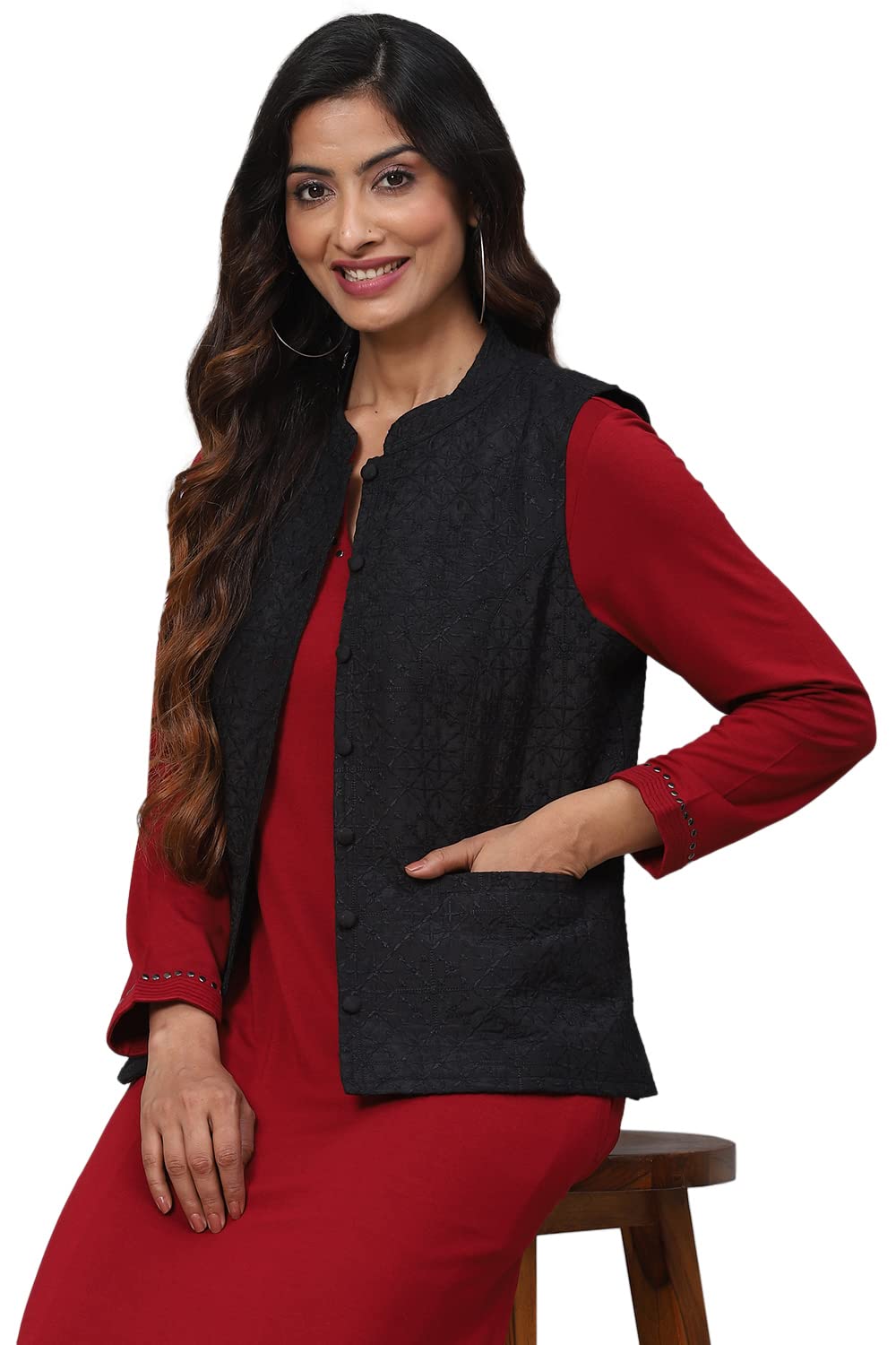 BIBA WOMEN SOLID; EMBROIDRED MIX AND MATCH(COATS/JA17486_BLACK_32)