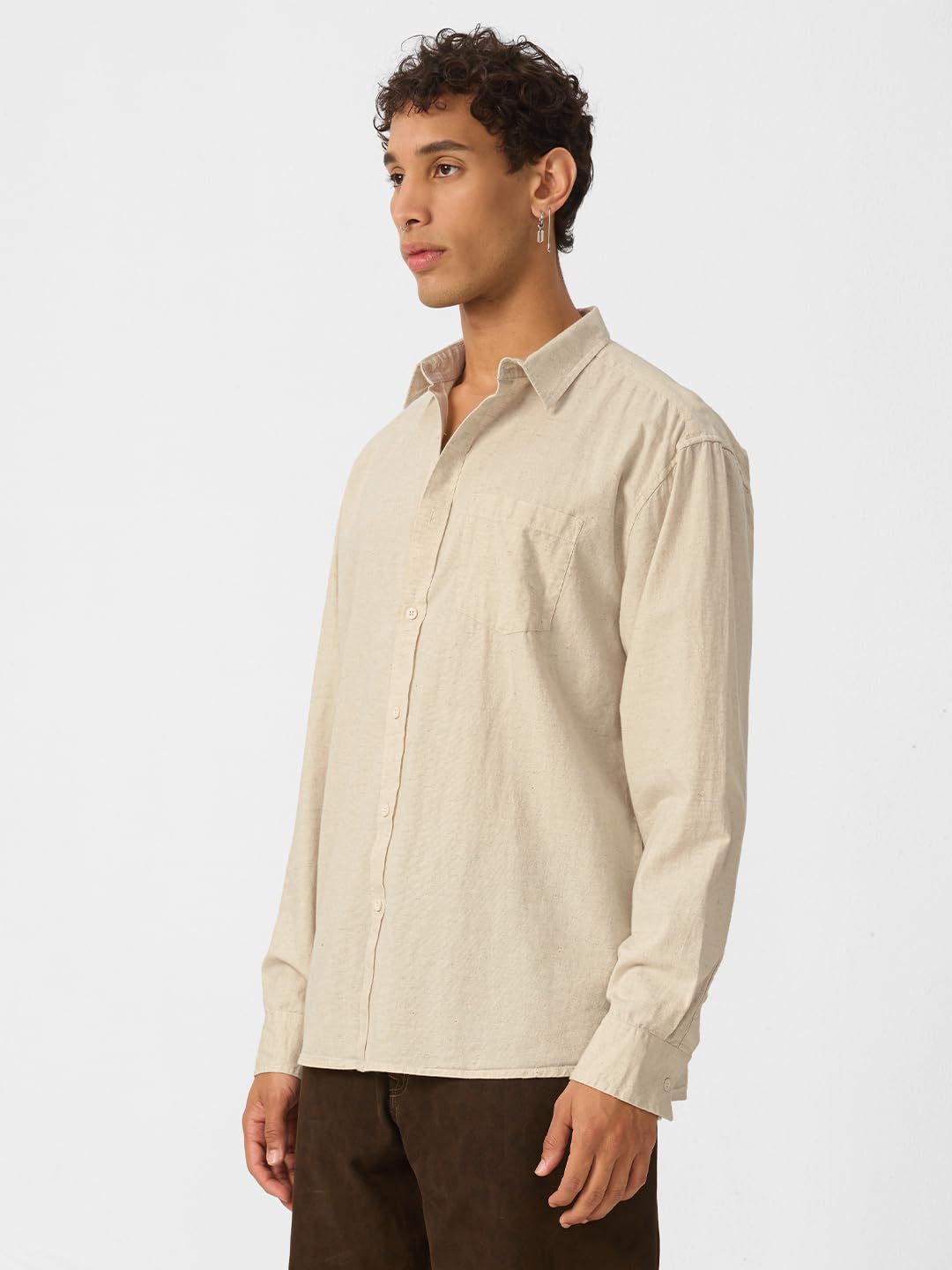 The Souled Store Solids : Ecru Beige Men and Boys Collared Neck Long Sleeve Button Front Regular Fit Cotton Linen Shirt