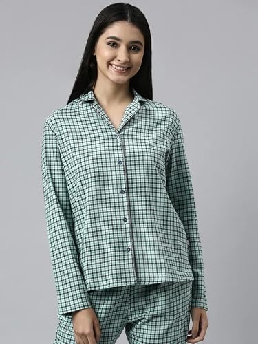 Enamor Essentials Relaxed Fit Cotton Flannel Woven Lazy Full Sleeve Shirt & Mid Rise Pant Set for Womens-EC20 (EC20_Soft Aqua Plaid AOP_S)