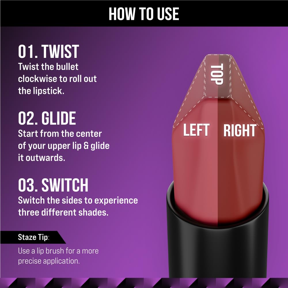 Staze 9To9 3 In 1 Matte Lipstick | 3 Unique Shades In 1 | 12 HRS Long Lasting, Transferproof | Non-Drying Formula With Intense Color Payoff | 01 Brick Pink | 3.8 G