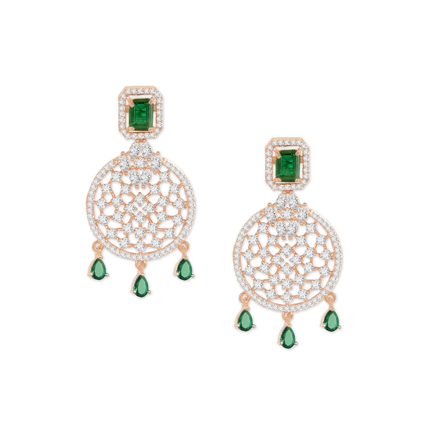 Accessher Rose Gold Plated American Diamond Studded Drop Earrings with Emerald Green Stones for Women | Elegant and Stylish Jewelry for Special Occasions