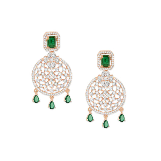 Accessher Rose Gold Plated American Diamond Studded Drop Earrings with Emerald Green Stones for Women | Elegant and Stylish Jewelry for Special Occasions