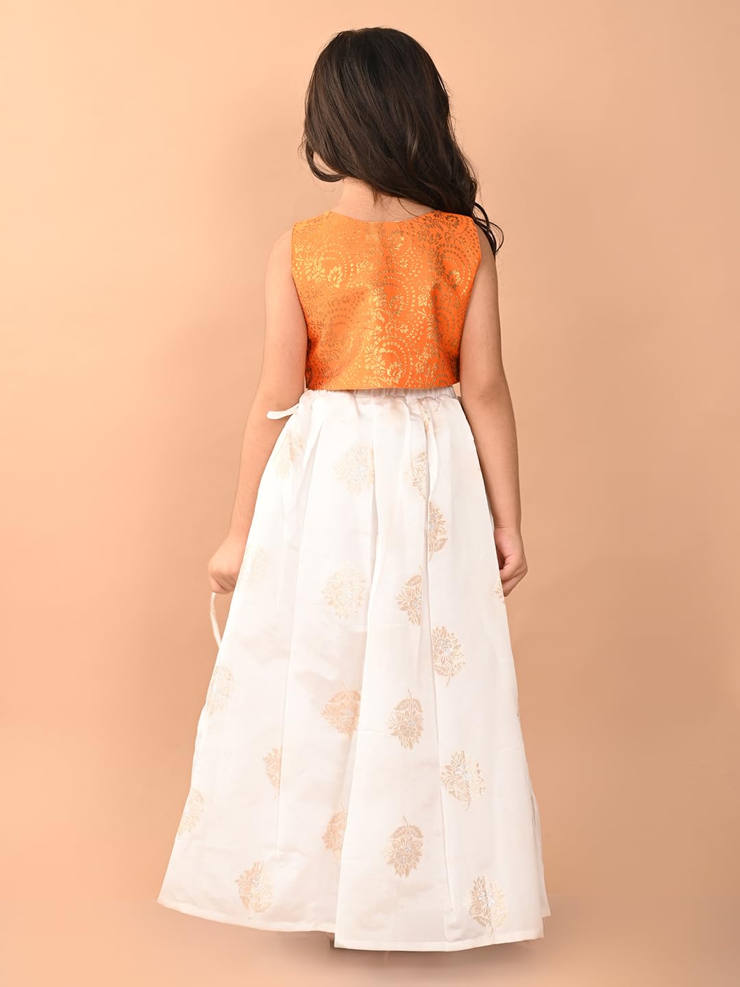 LILPICKS Embossed Sleeveless Blouse with Batik Printed Lehenga Set for Girls (Orange White) (5-6Y)