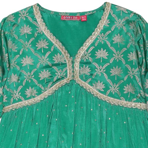 BIBA Girl's Green Viscose Blend Gathered Kurta Set