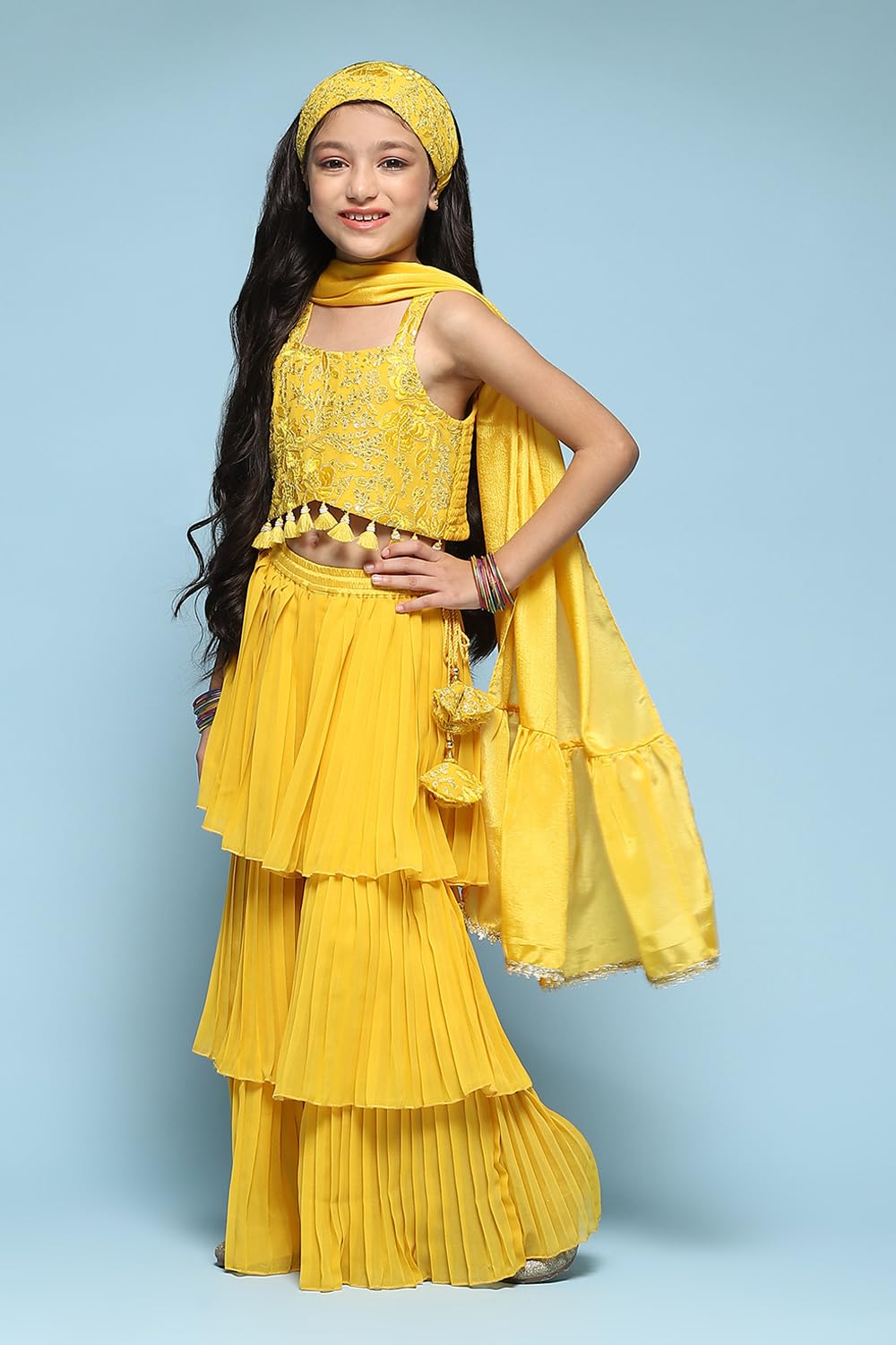 BIBA Polyester Girls Solid; Embroidred Short Kurta Set Kid(Kw5444_Yellow_11)