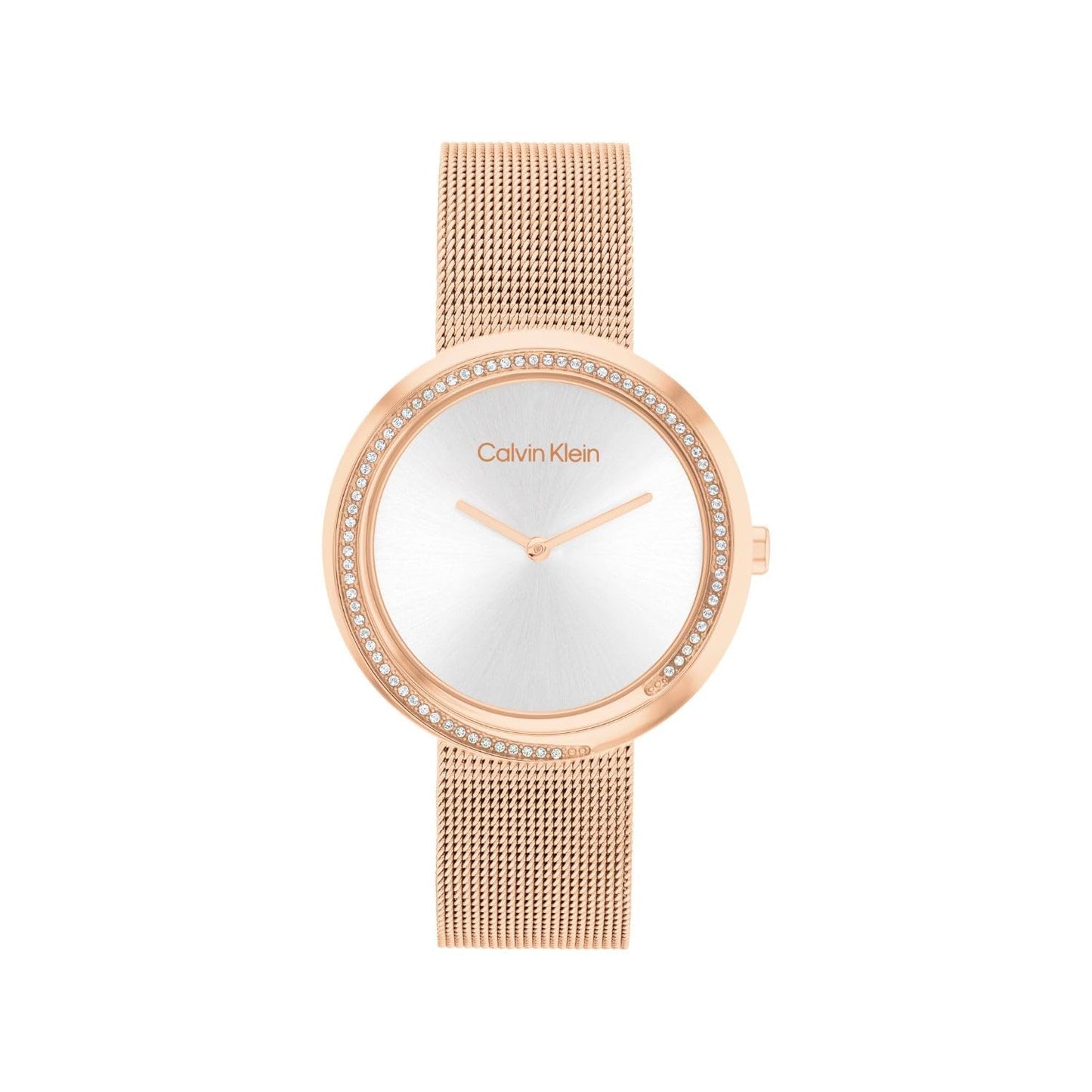 CALVIN KLEIN Twisted Bezel Qtz Basic Slim Silver White Round Dial Women's Watch|Ionic Plated Rose Gold Steel Material|Rose Gold Color Band - 25200312