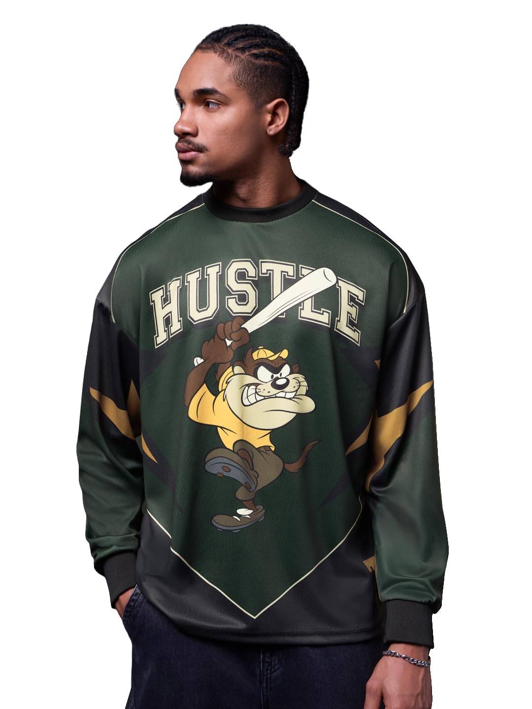 The Souled Store Official Looney Tunes: Hustlin' Taz Men and Boys Long Sleeves Round Neck Dark Green Graphic Printed Sporty Casual Easy Dry Drop Shoulder Streetwear Polyester Oversized Jerseys
