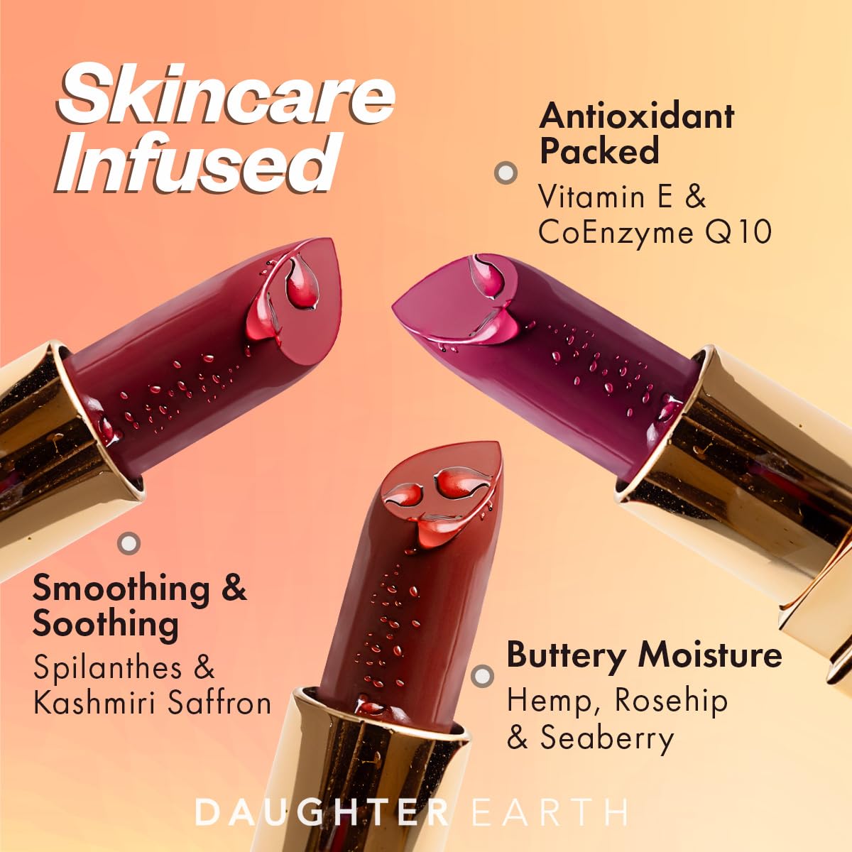 DAUGHTER EARTH Siachen Rose Natural Lipstick | Vegan Plant Based Highly Pigmented Lightweight Lip Color | Long Lasting Creamy Velvet Phytonutrient Lip Stick With Vitamin E & Bakuchiol | Natural With UV Protection | 4g
