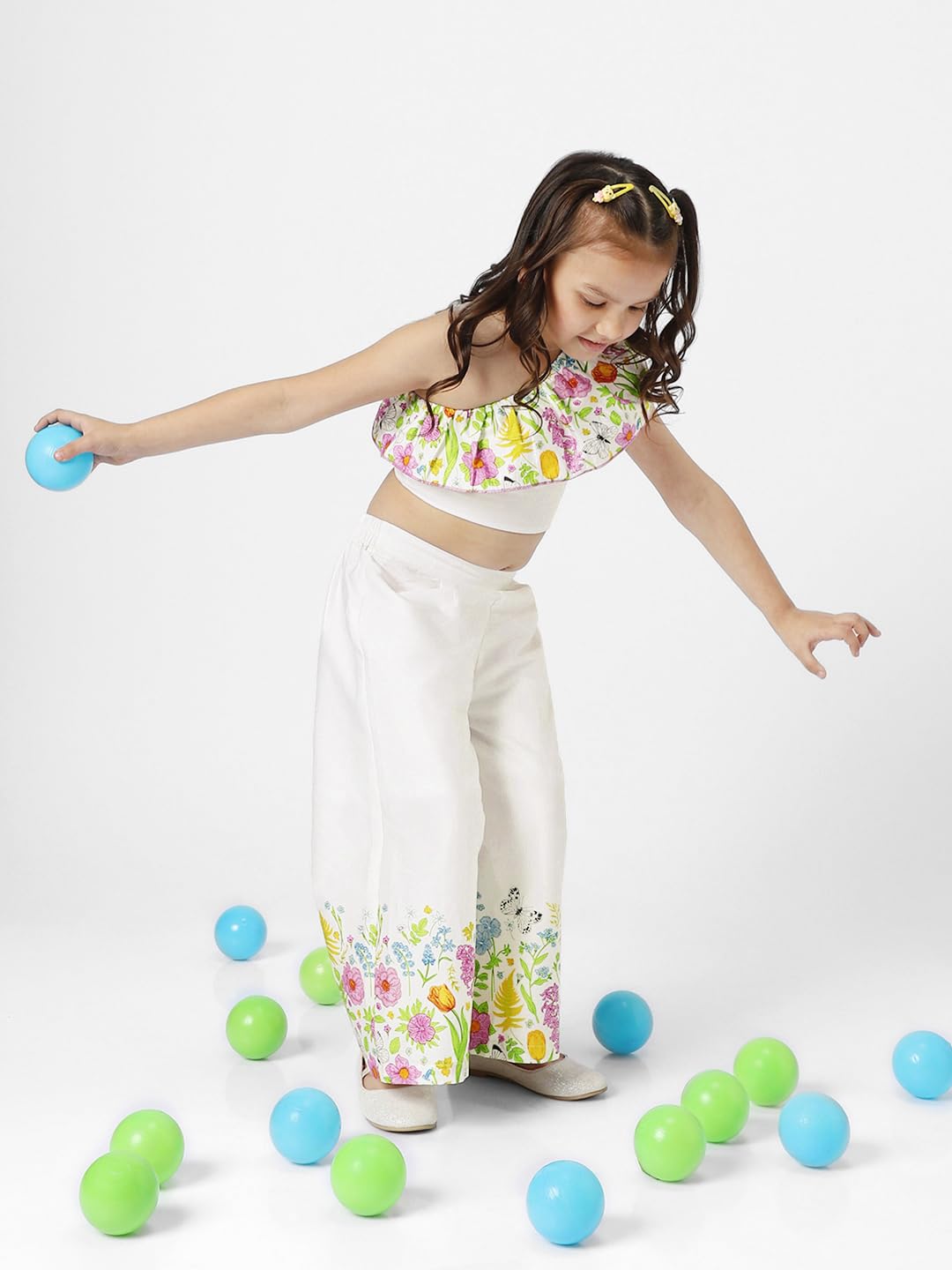 Nautinati Girls Floral Printed One Shoulder Top with Pants Set