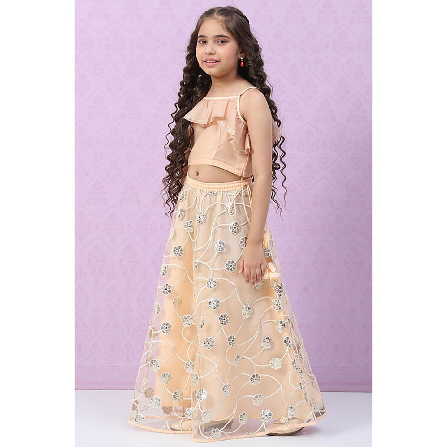 BIBA Girls Polyester Flared Solid Lehenga Set (KW4605EAW22OWHT_Off White_6 7 Years)