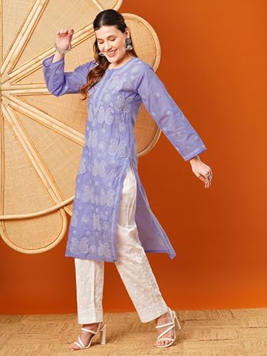 Ada Hand Embroidered Lucknowi Chikankari Cotton Kurti Kurta for Women A411610 Mauve (L)