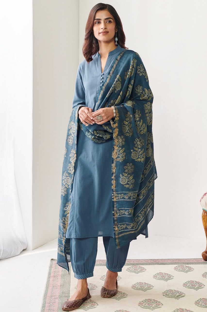 New Chapter Clothing Women's Cotton Kurta Set with Dupatta, Round Neck, Straight Fit, 3/4 Sleeve, Embroidered, Calf Length (Pack of 1) (in, Alpha, XL, Regular, Firoji)
